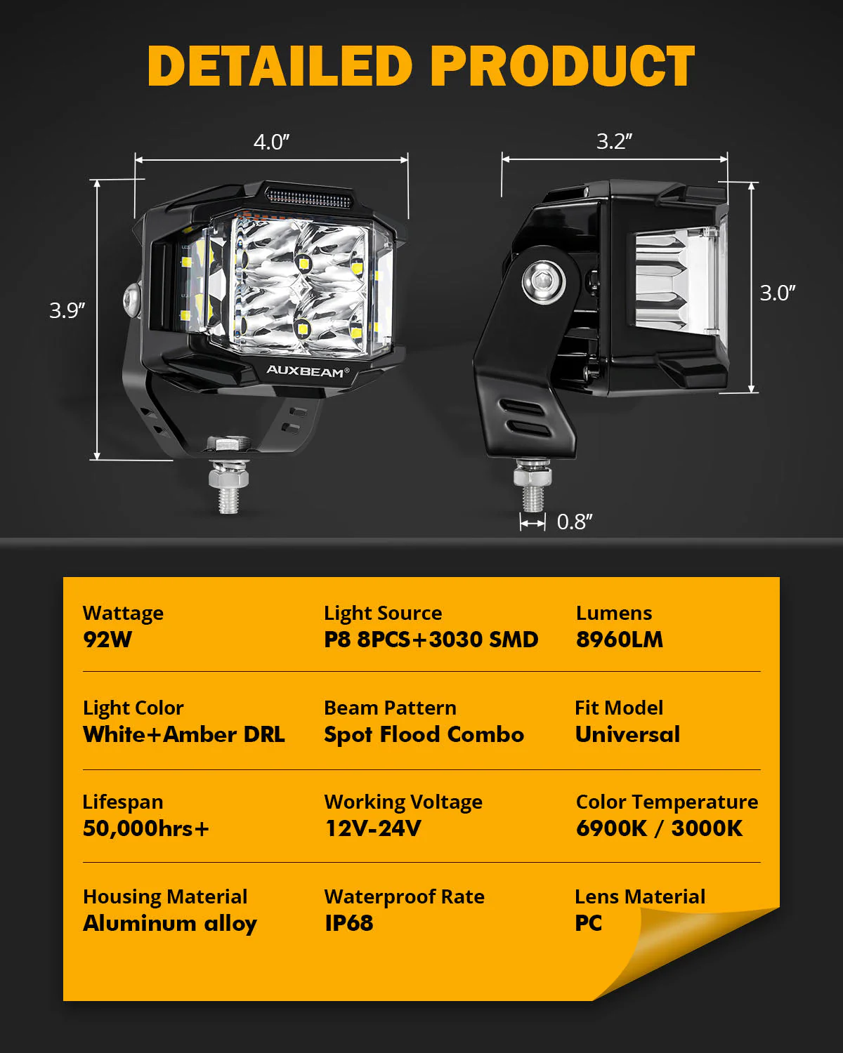 V-MAX Series Combo Beam Side Shooter LED Pod Lights with Amber DRL - Image 15